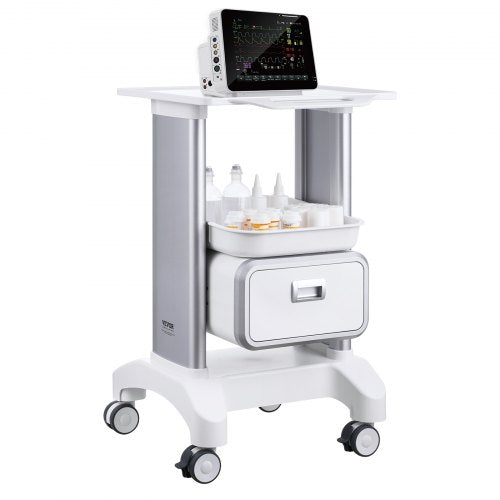 2-vånings labbvagnar, labbutrustningsvagn med 1 låda och 1 toppbricka, mobil medicinsk vagn med ABS-material, labbvagn med 4 tysta hjul för labb, klinik, sjukhus, salong, vit