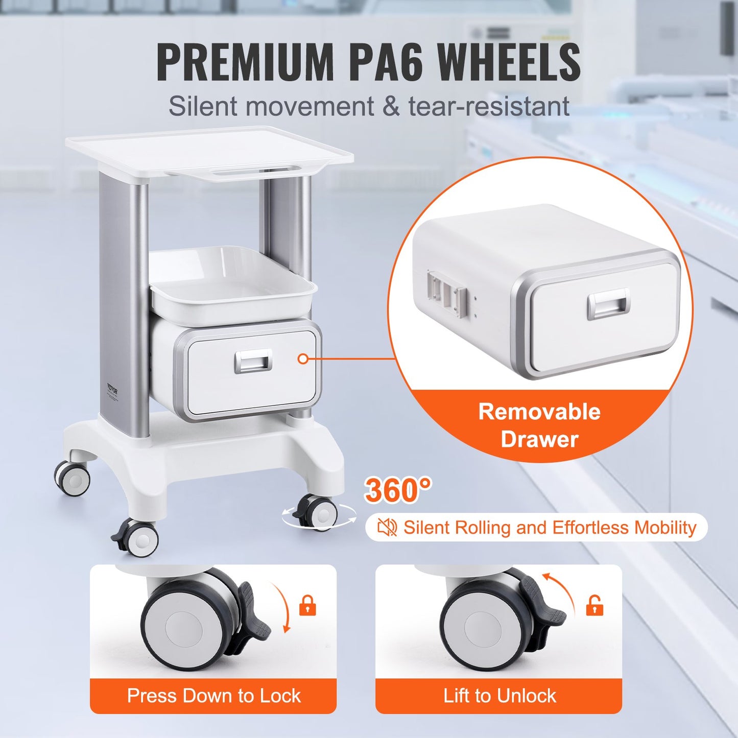 2-vånings labbvagnar, labbutrustningsvagn med 1 låda och 1 toppbricka, mobil medicinsk vagn med ABS-material, labbvagn med 4 tysta hjul för labb, klinik, sjukhus, salong, vit