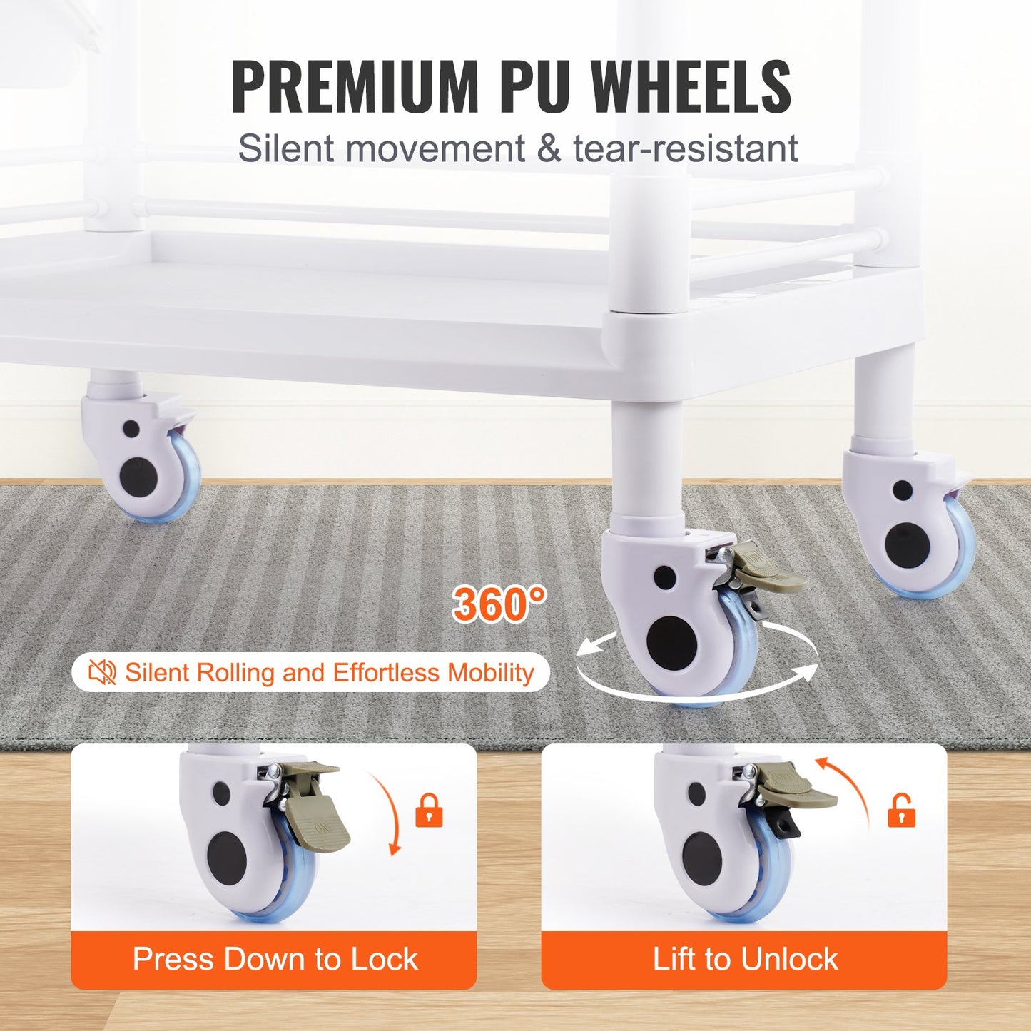 2-vånings labbvagnar, labbutrustningsvagn med 2 fack, 2 lådor och 4 tysta hjul, mobil medicinsk vagn med PP-material, labbvagn med 3 soptunnor för labb, klinik, sjukhus, salong, vit