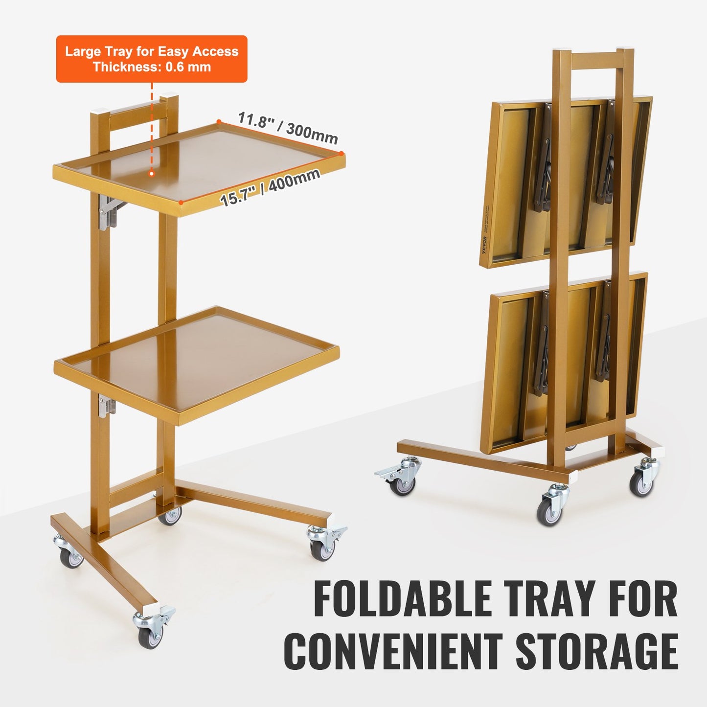 2-våningars labbvagnar i rostfritt stål, labbvagn med 2 brickor, mobil medicinsk vagn med 4 tysta hjul, rullvagn för labb, klinik, sjukhus, salong, gyllene