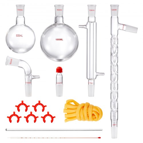 Labdestillationssats, 3,3 Boro labglasdestillationssats med 24, 40 leder, 1000 ml eterisk oljedestillationsapparat, 14-delad uppsättning glasutrustning