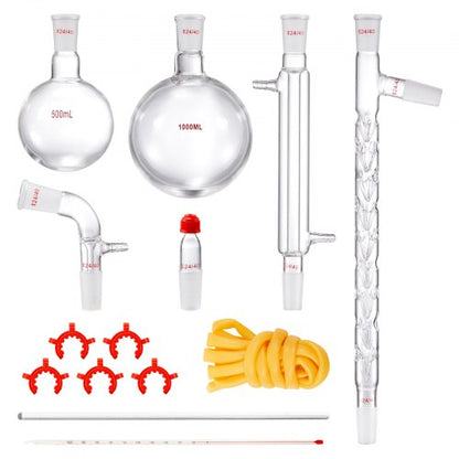 Labdestillationssats, 3,3 Boro labglasdestillationssats med 24, 40 leder, 1000 ml eterisk oljedestillationsapparat, 14-delad uppsättning glasutrustning