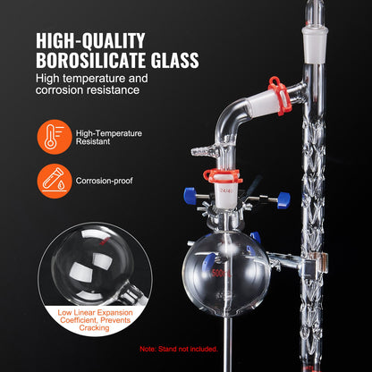 Labdestillationssats, 3,3 Boro labglasdestillationssats med 24, 40 leder, 1000 ml eterisk oljedestillationsapparat, 14-delad uppsättning glasutrustning