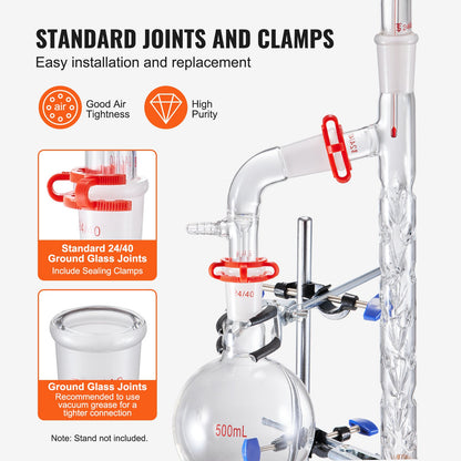 Labdestillationssats, 3,3 Boro labglasdestillationssats med 24, 40 leder, 1000 ml eterisk oljedestillationsapparat, 14-delad uppsättning glasutrustning