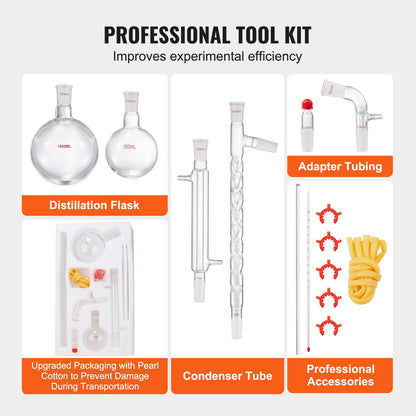 Labdestillationssats, 3,3 Boro labglasdestillationssats med 24, 40 leder, 1000 ml eterisk oljedestillationsapparat, 14-delad uppsättning glasutrustning