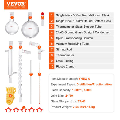Labdestillationssats, 3,3 Boro labglasdestillationssats med 24, 40 leder, 1000 ml eterisk oljedestillationsapparat, 14-delad uppsättning glasutrustning