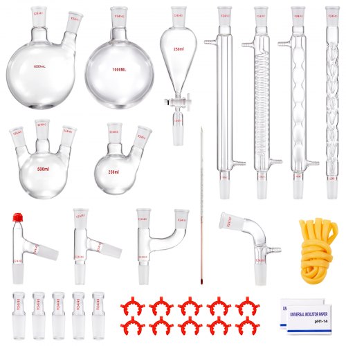 Labdestillationssats, 3,3 Boro labglasdestillationssats med 24, 40 leder, 1000 ml eterisk oljedestillationsapparat, 32-delad uppsättning glasutrustning