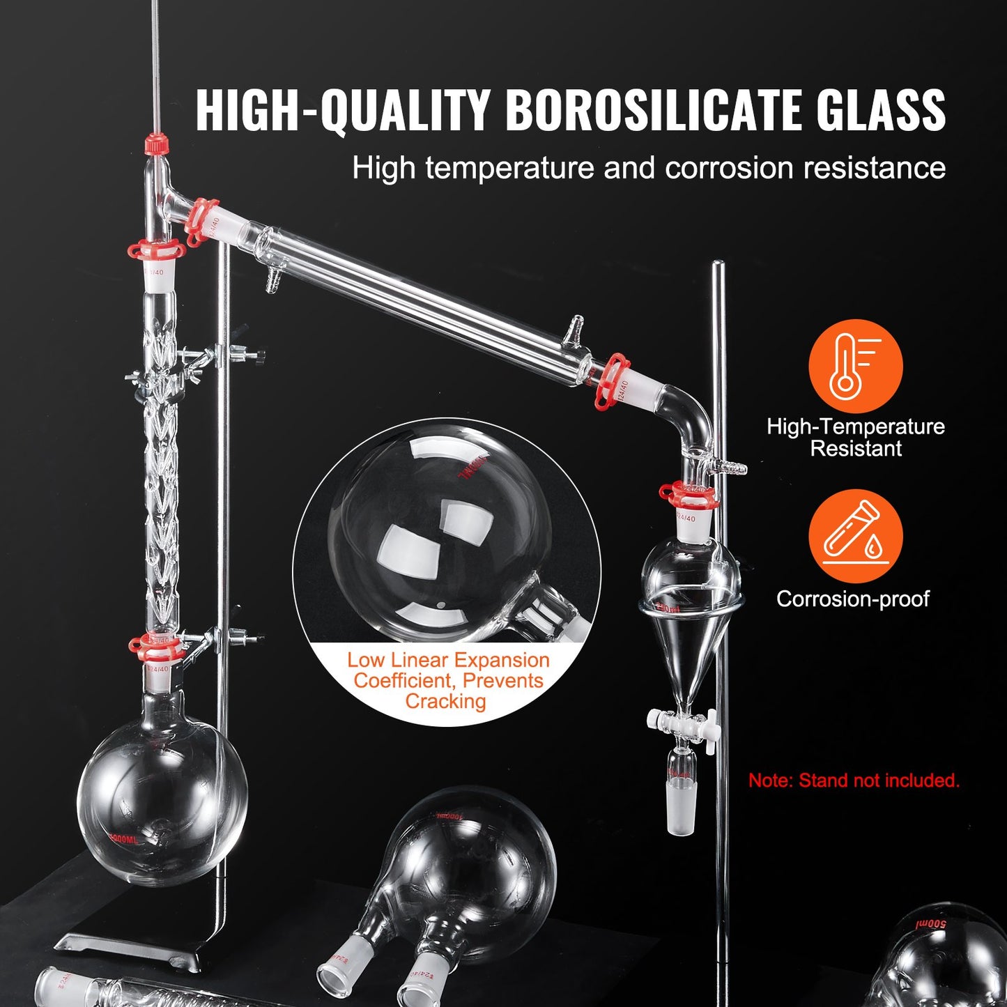 Labdestillationssats, 3,3 Boro labglasdestillationssats med 24, 40 leder, 1000 ml eterisk oljedestillationsapparat, 32-delad uppsättning glasutrustning