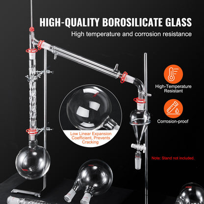 Labdestillationssats, 3,3 Boro labglasdestillationssats med 24, 40 leder, 1000 ml eterisk oljedestillationsapparat, 32-delad uppsättning glasutrustning
