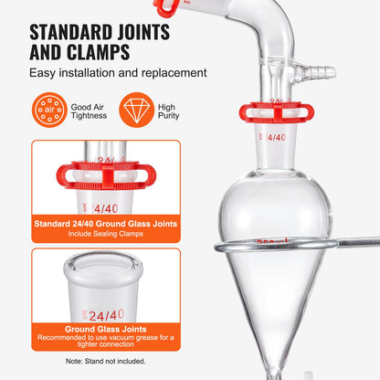 Labdestillationssats, 3,3 Boro labglasdestillationssats med 24, 40 leder, 1000 ml eterisk oljedestillationsapparat, 32-delad uppsättning glasutrustning