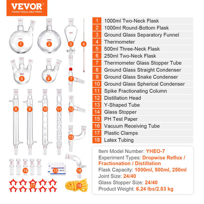 Labdestillationssats, 3,3 Boro labglasdestillationssats med 24, 40 leder, 1000 ml eterisk oljedestillationsapparat, 32-delad uppsättning glasutrustning