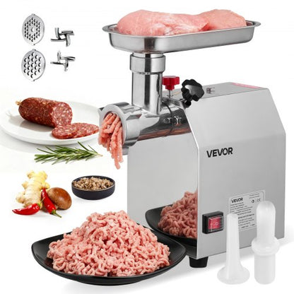 Kommersiell elektrisk köttkvarn, 2,3 kg/min kapacitet, industriell köttkvarn #8 med 2 rostfria blad, 2 malplattor, 600W kraftig korvmaskin, för kök, restaurang