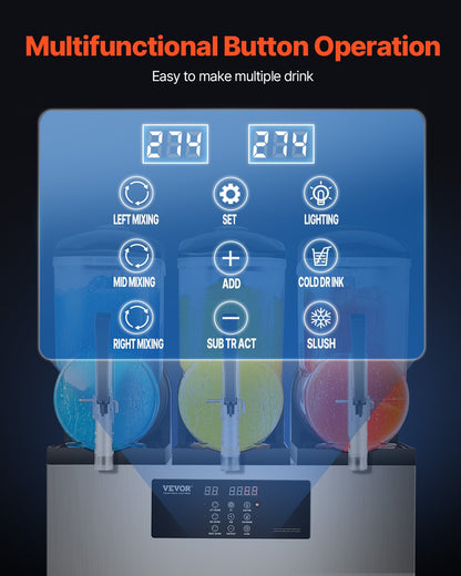Kommersiell slushymaskin, 12Lx3 trippeltanksmaskin för frysta drycker, 144 koppar rostfritt stål Margarita Smoothie-maskin för frysta drycker, slushmaskin för hemmafester, restauranger, caféer och barer