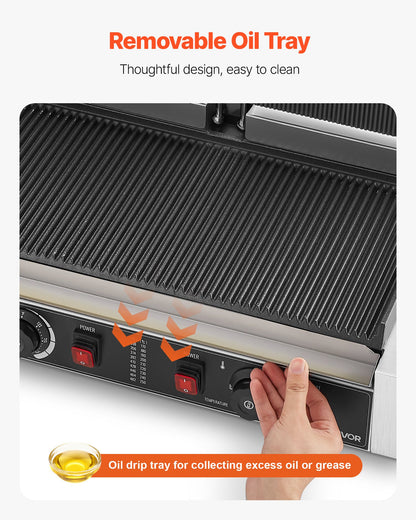 Kommersiell paninigrill, 3600W elektrisk smörgåspaninimaskin, dubbel smörgåspress i rostfritt stål, temperaturkontroll för paninigrill, 48x23cm räfflad emaljplatta, för hamburgare, biff och bacon