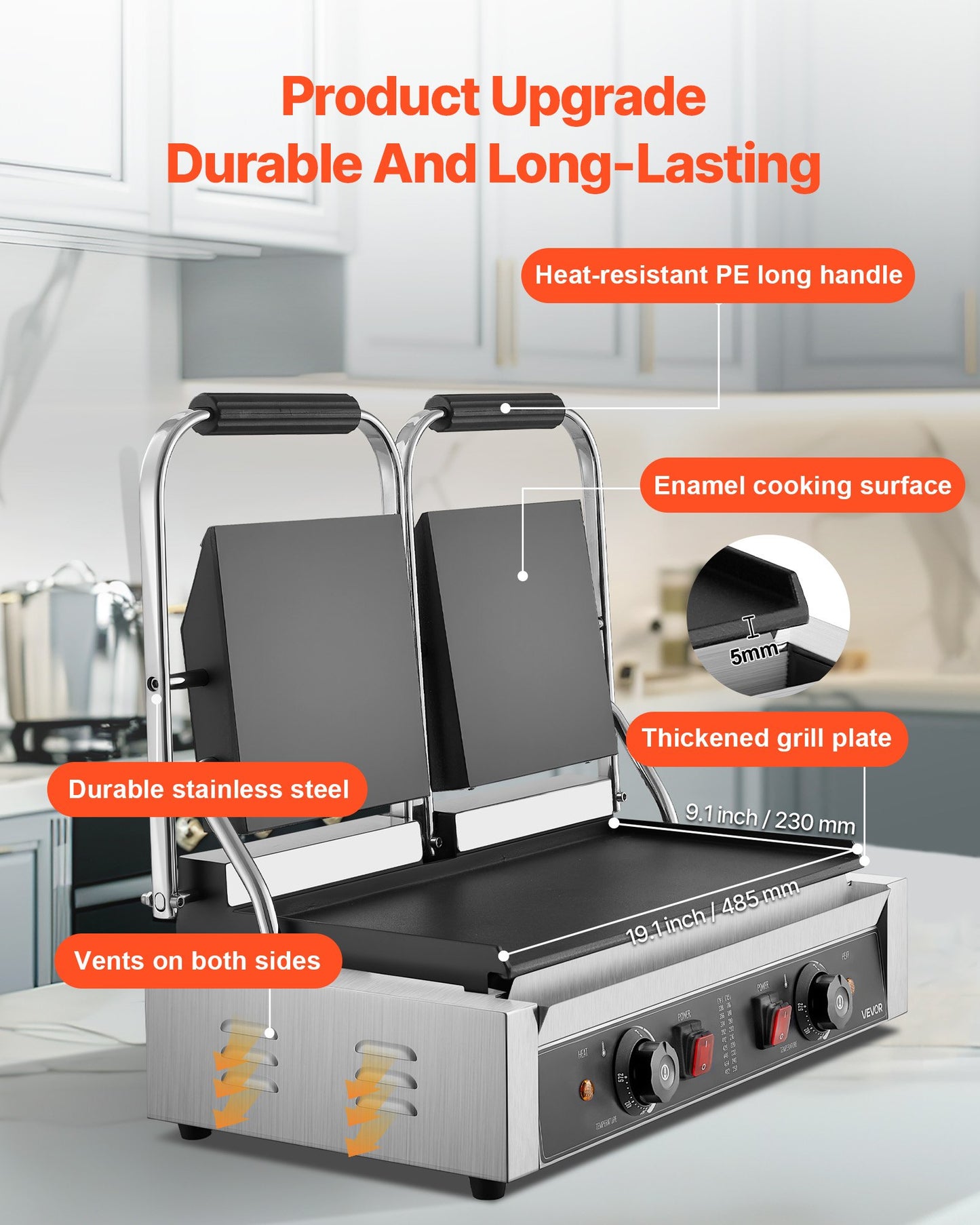Kommersiell paninigrill, 3600W elektrisk smörgåspaninimaskin, dubbel smörgåspress i rostfritt stål, paninigrill med temperaturkontroll, 48x23cm helplatt emaljplatta, för hamburgare, biff och bacon