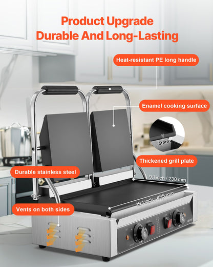 Kommersiell paninigrill, 3600W elektrisk smörgåspaninimaskin, dubbel smörgåspress i rostfritt stål, paninigrill med temperaturkontroll, 48x23cm helplatt emaljplatta, för hamburgare, biff och bacon