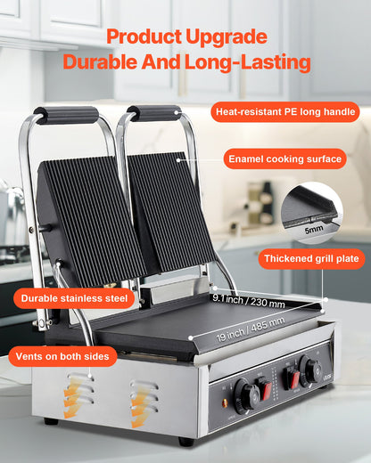 Kommersiell paninigrill, 3600W elektrisk smörgåspaninimaskin, dubbel smörgåspressgrill i rostfritt stål, paninigrill med temperaturkontroll, 48x23cm platt emaljplatta för hamburgare, biff och bacon