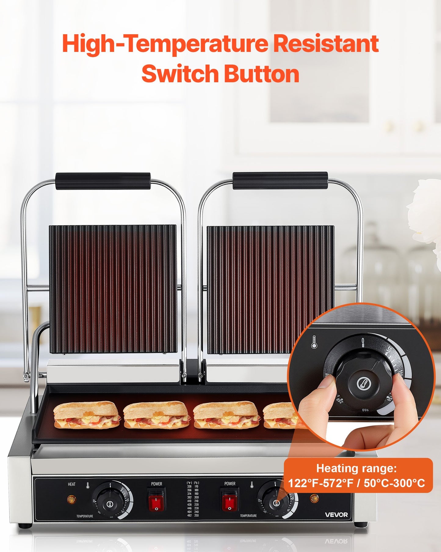 Kommersiell paninigrill, 3600W elektrisk smörgåspaninimaskin, dubbel smörgåspressgrill i rostfritt stål, paninigrill med temperaturkontroll, 48x23cm platt emaljplatta för hamburgare, biff och bacon