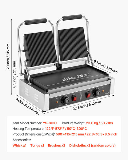 Kommersiell paninigrill, 3600W elektrisk smörgåspaninimaskin, dubbel smörgåspressgrill i rostfritt stål, paninigrill med temperaturkontroll, 48x23cm platt emaljplatta för hamburgare, biff och bacon