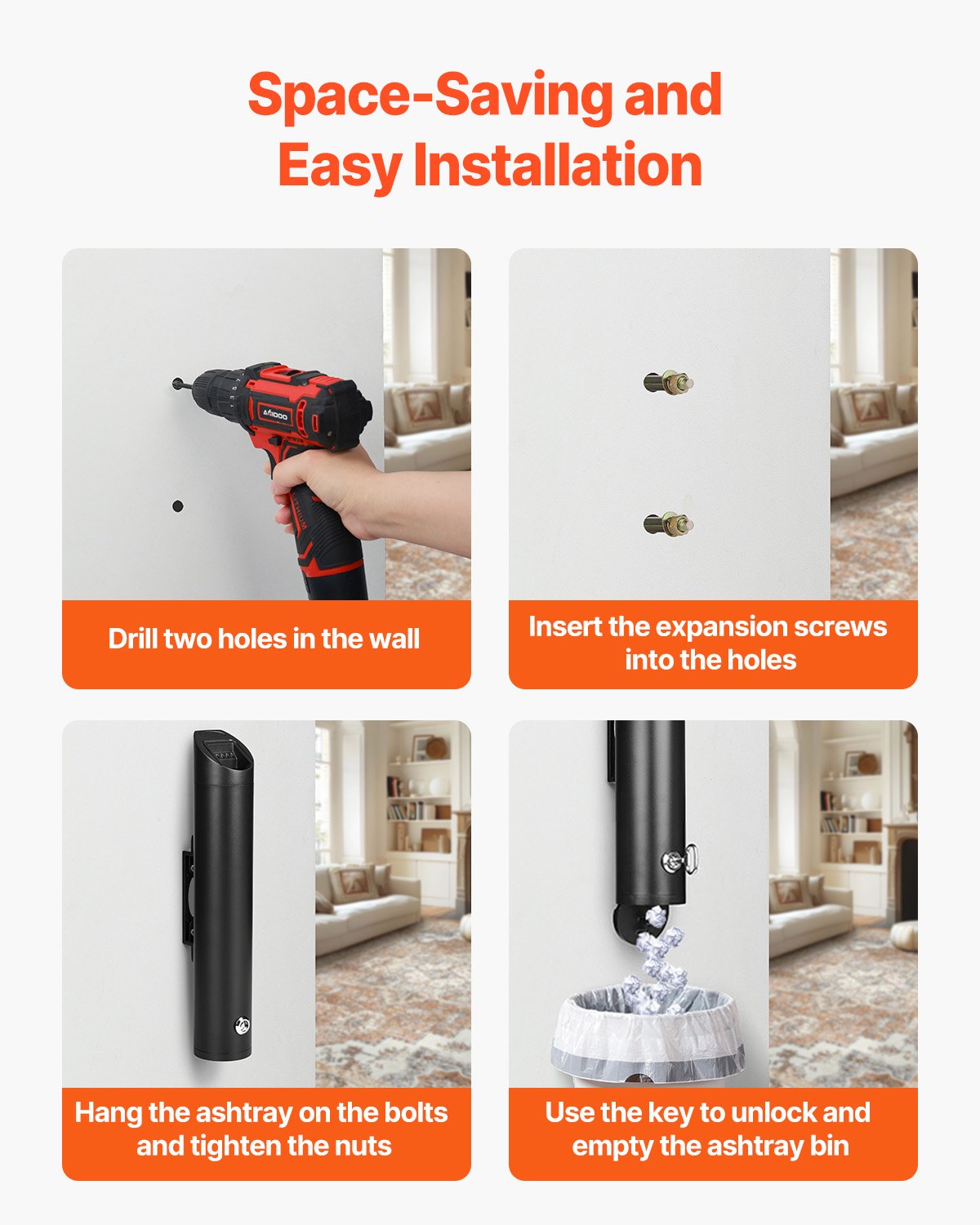 Fimpbehållare för cigarett, cylinderformad cigarettfimpbehållare i rostfritt stål, väggmonterad och väderbeständig utomhusavfallsbehållare för cigarettfimpar för trädgård, kontor, restaurang, hotell, bar, svart