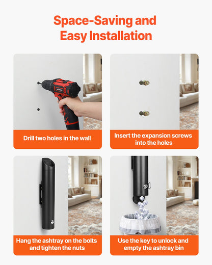 Fimpbehållare för cigarett, cylinderformad cigarettfimpbehållare i rostfritt stål, väggmonterad och väderbeständig utomhusavfallsbehållare för cigarettfimpar för trädgård, kontor, restaurang, hotell, bar, svart