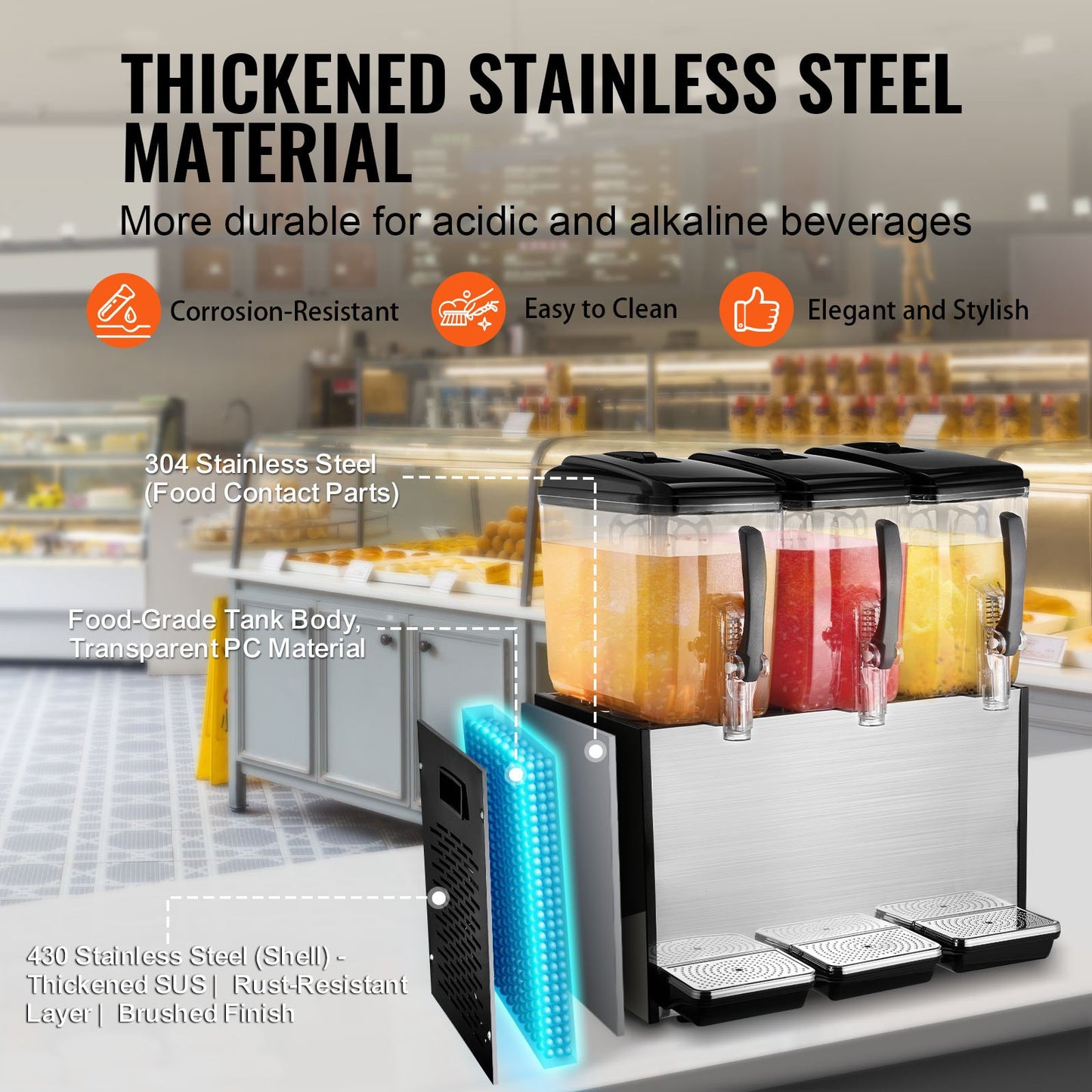 Kommersiell dryckesdispenser, 3 tankar 12 l juicedispenser per tank, 370 W istemaskin i rostfritt stål med kyltemperatur på 45°F-54°F, för kalla drycker, restaurangbarfester