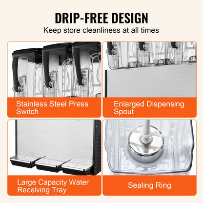 Kommersiell dryckesdispenser, 3 tankar 12 l juicedispenser per tank, 370 W istemaskin i rostfritt stål med kyltemperatur på 45°F-54°F, för kalla drycker, restaurangbarfester