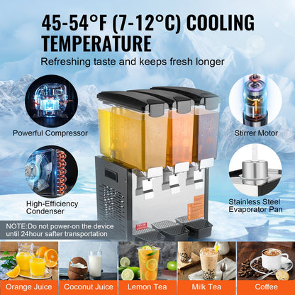 Kommersiell dryckesdispenser, 3 tankar 10 l juicedispenser per tank, 440W istemaskin i rostfritt stål med kyltemperatur på 45°F-54°F, för kalla drycker, restaurangbarfester