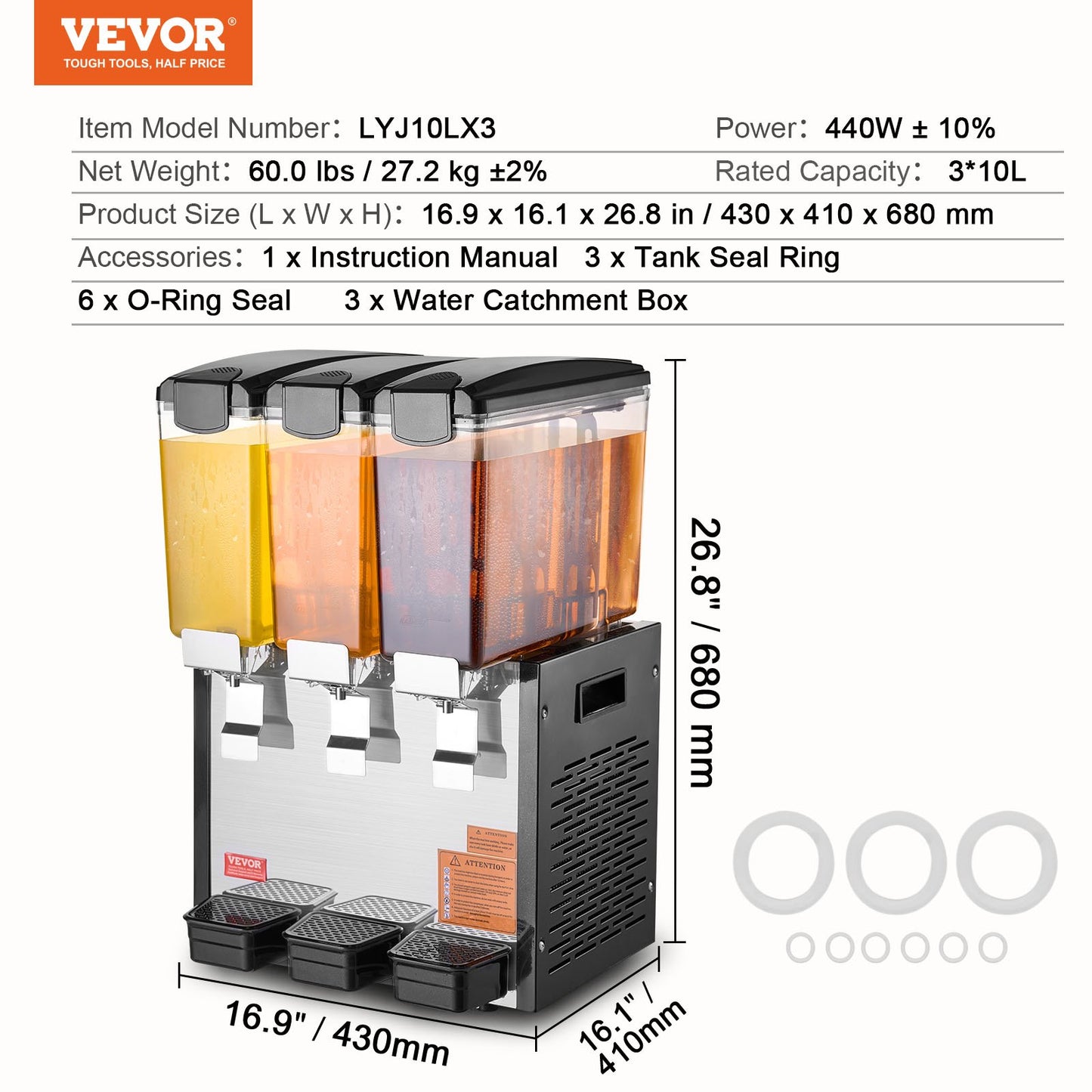 Kommersiell dryckesdispenser, 3 tankar 10 l juicedispenser per tank, 440W istemaskin i rostfritt stål med kyltemperatur på 45°F-54°F, för kalla drycker, restaurangbarfester