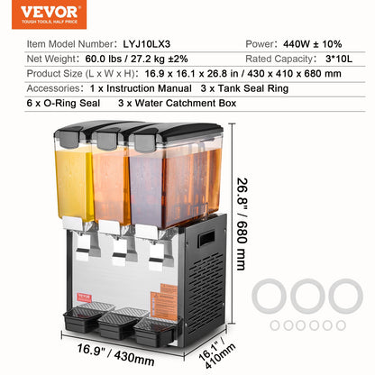Kommersiell dryckesdispenser, 3 tankar 10 l juicedispenser per tank, 440W istemaskin i rostfritt stål med kyltemperatur på 45°F-54°F, för kalla drycker, restaurangbarfester