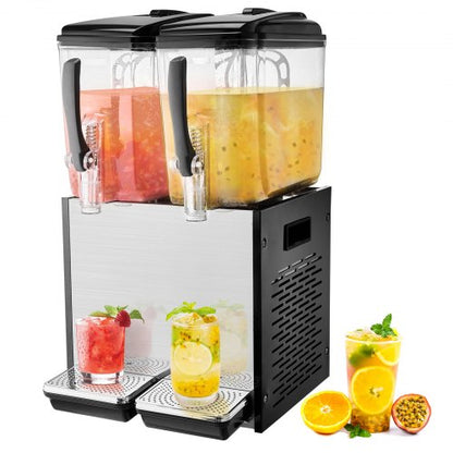 Kommersiell dryckesdispenser, 2 tankar 12 l juicedispenser per tank, 286W istemaskin i rostfritt stål med kyltemperatur på 45°F-54°F, för kalla drycker, restaurangbarfester