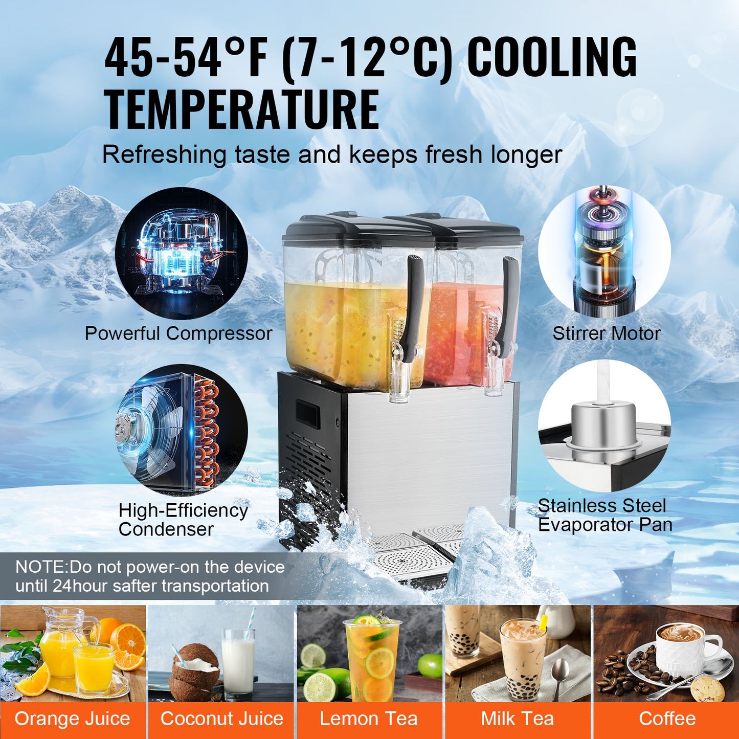 Kommersiell dryckesdispenser, 2 tankar 12 l juicedispenser per tank, 286W istemaskin i rostfritt stål med kyltemperatur på 45°F-54°F, för kalla drycker, restaurangbarfester