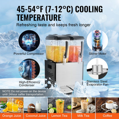 Kommersiell dryckesdispenser, 2 tankar 12 l juicedispenser per tank, 286W istemaskin i rostfritt stål med kyltemperatur på 45°F-54°F, för kalla drycker, restaurangbarfester