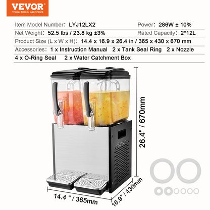 Kommersiell dryckesdispenser, 2 tankar 12 l juicedispenser per tank, 286W istemaskin i rostfritt stål med kyltemperatur på 45°F-54°F, för kalla drycker, restaurangbarfester