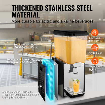 Kommersiell dryckesdispenser, 18 l juicedispenser, 300 W 304 rostfritt stål, livsmedelsklassad istemaskin med 45°F-54°F kyltemperatur, för kalla drycker, restaurangbar, fest