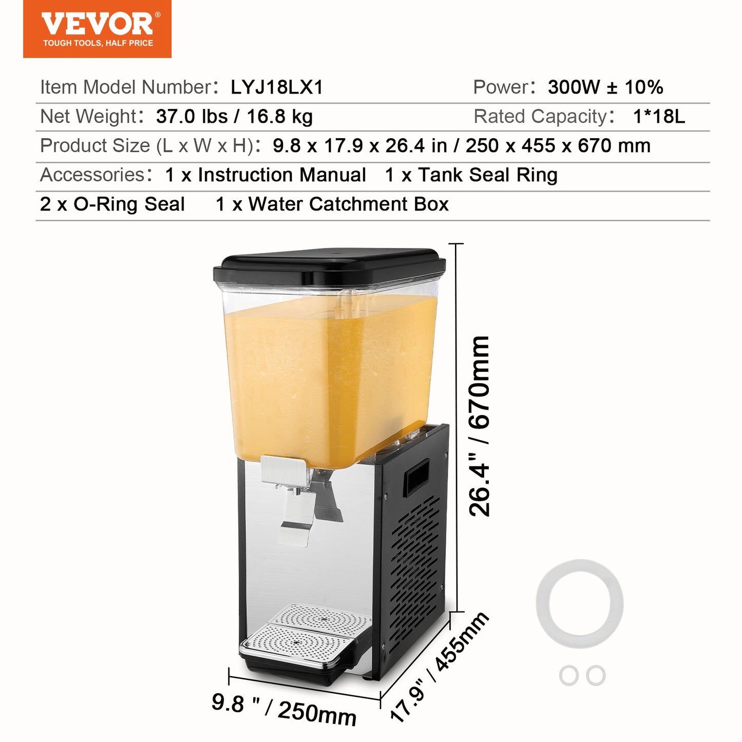 Kommersiell dryckesdispenser, 18 l juicedispenser, 300 W 304 rostfritt stål, livsmedelsklassad istemaskin med 45°F-54°F kyltemperatur, för kalla drycker, restaurangbar, fest