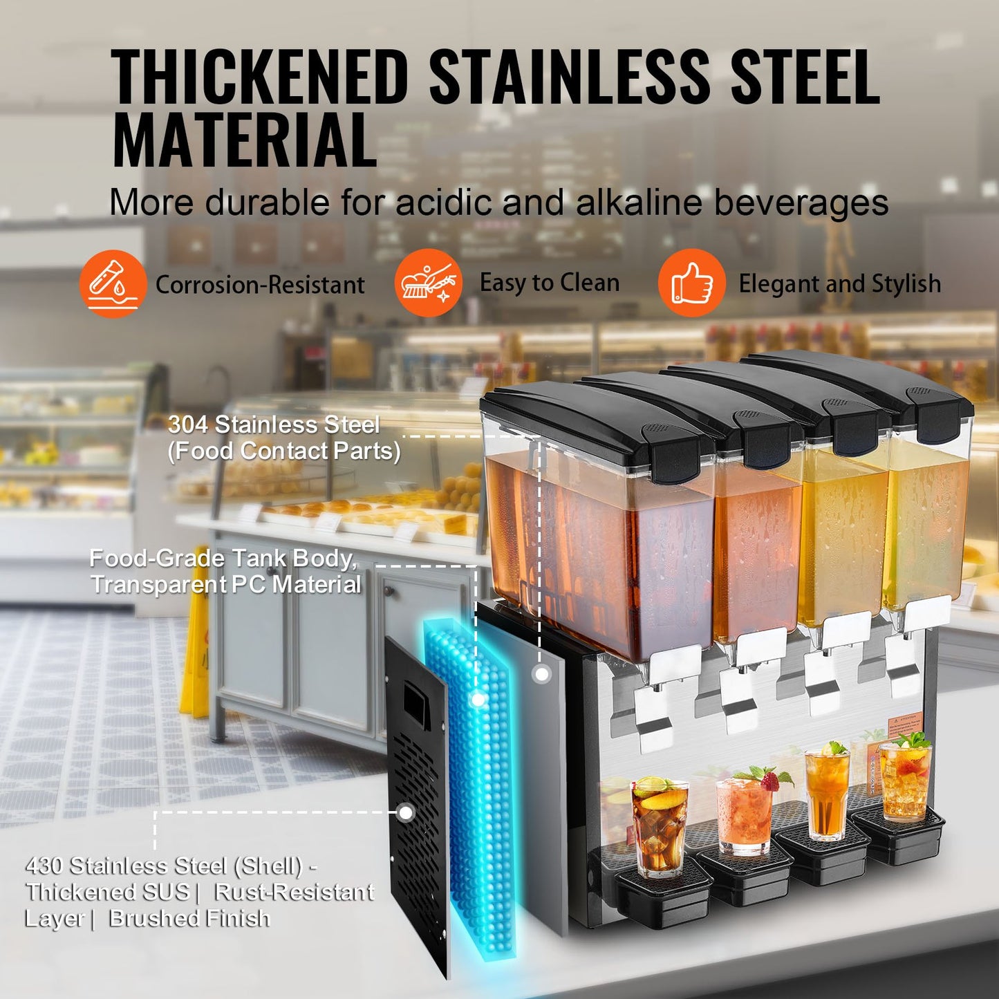 Kommersiell dryckesdispenser, 4 tankar 10 l juicedispenser per tank, 430W istemaskin i rostfritt stål med kyltemperatur på 45°F-54°F, för kalla drycker, restaurangbarfester