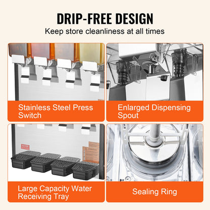 Kommersiell dryckesdispenser, 4 tankar 10 l juicedispenser per tank, 430W istemaskin i rostfritt stål med kyltemperatur på 45°F-54°F, för kalla drycker, restaurangbarfester