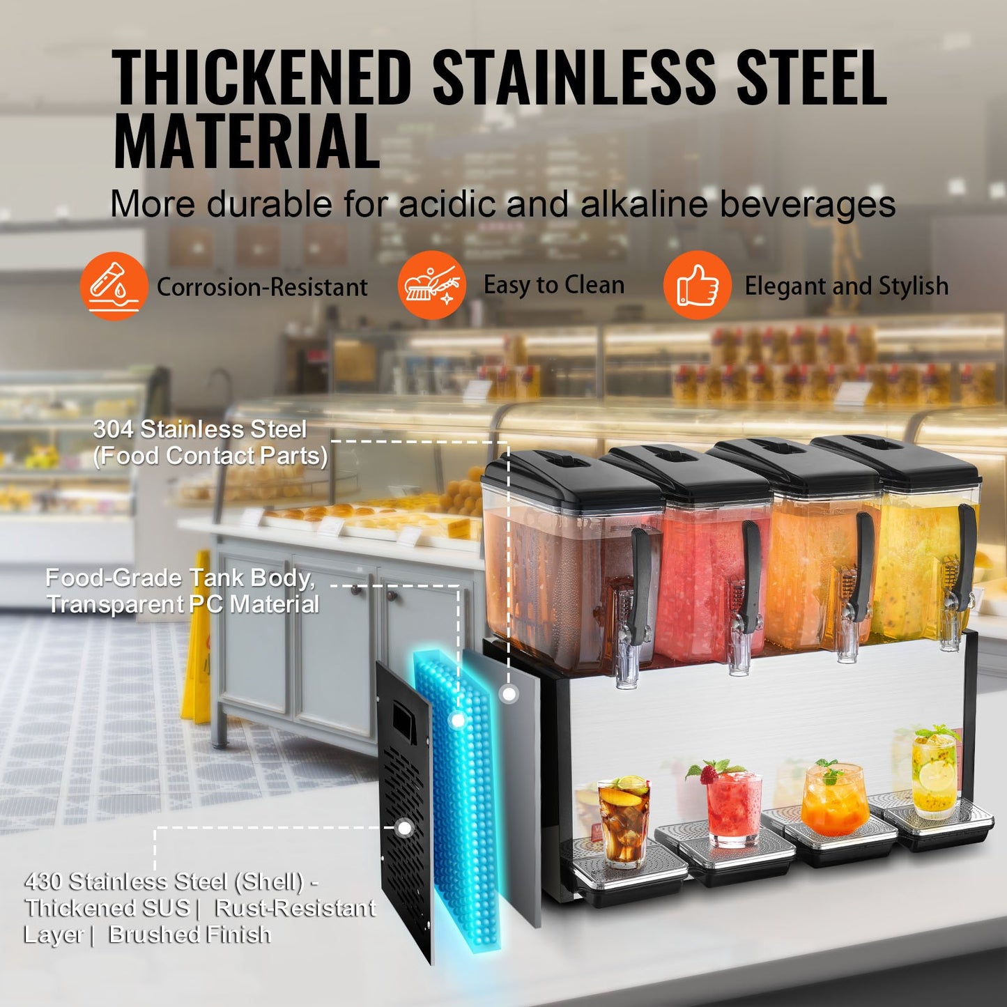 Kommersiell dryckesdispenser, 4 tankar 12 l juicedispenser per tank, 510W istemaskin i rostfritt stål med kyltemperatur på 45°F-54°F, för kalla drycker, restaurangbarfester