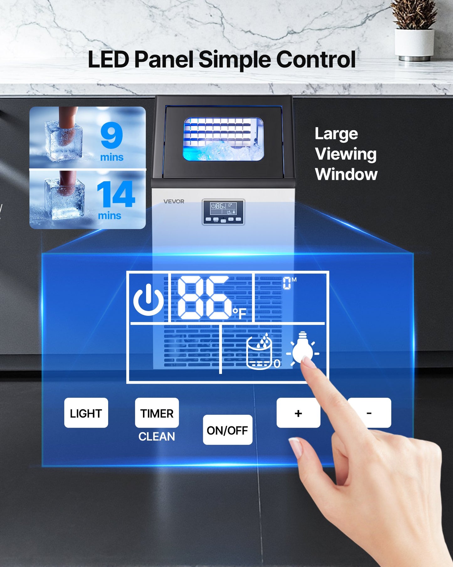 Kommersiell ismaskin, 45,36 kg/24 timmar med 12,7 kg förvaring, 45 kuber per cykel, fristående och underbänkismaskin i rostfritt stål med LED-display och självrengöring, för barrestaurang