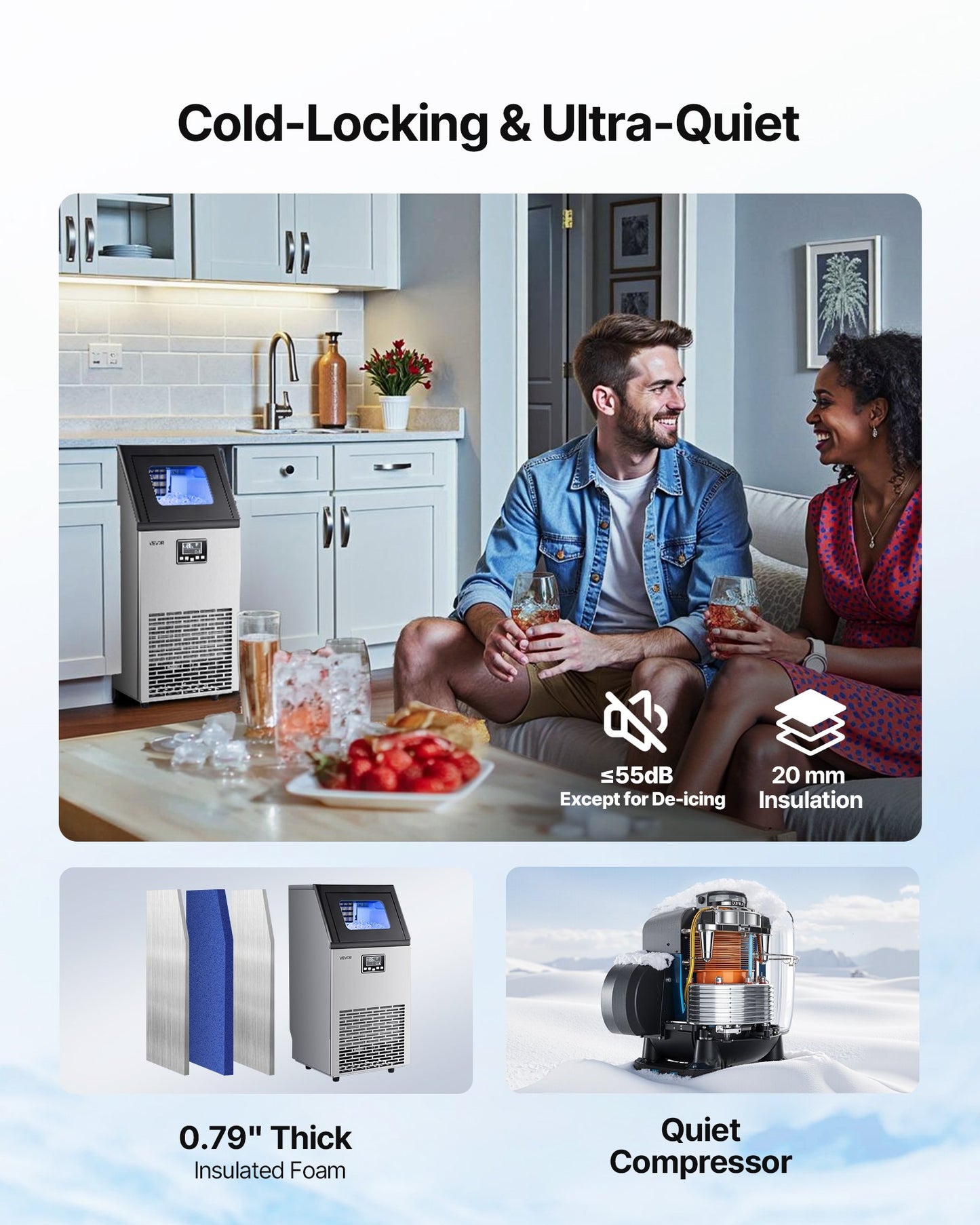 Kommersiell ismaskin, 45,36 kg/24 timmar med 12,7 kg förvaring, 45 kuber per cykel, fristående och underbänkismaskin i rostfritt stål med LED-display och självrengöring, för barrestaurang