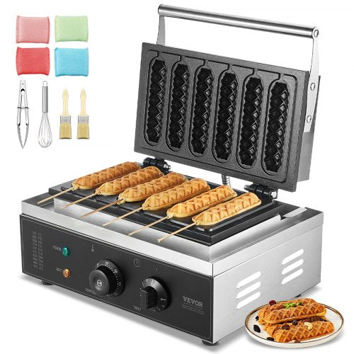 Kommersiell våffeljärn, 6 st 1500 W våffeljärn, non-stick våffeljärn i rostfritt stål med varmkorv och temperatur- och tidskontroll, handtag, för restaurangbageri, snackbarfamilj