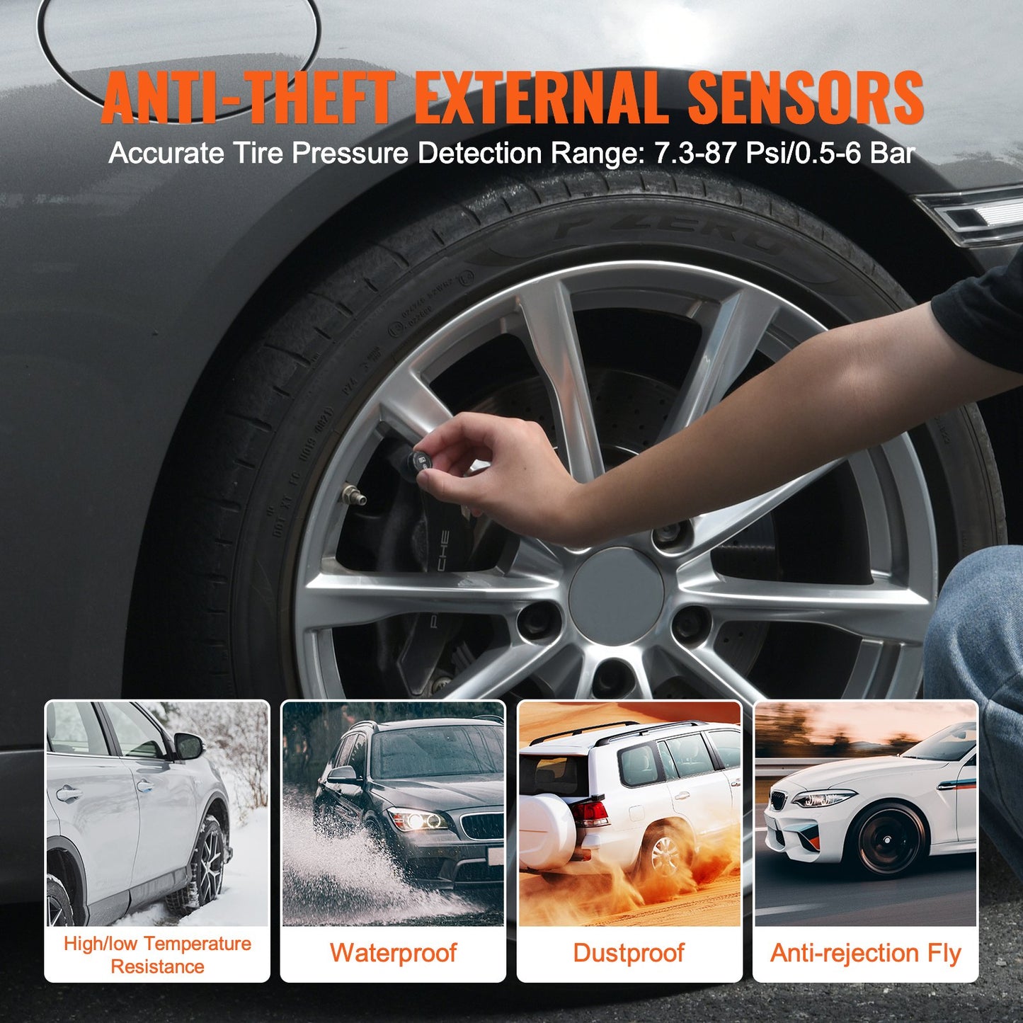 RV Tire Pressure Monitoring System, 7.3-87 PSI Trailer TPMS, Universal Wireless Car Alarm System, Waterproof TPMS Sensors Set with 4 Sensors, 5 Alarm Modes, Real-time Display, Easy to Install