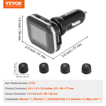 RV Tire Pressure Monitoring System, 7.3-87 PSI Trailer TPMS, Universal Wireless Car Alarm System, Waterproof TPMS Sensors Set with 4 Sensors, 5 Alarm Modes, Real-time Display, Easy to Install