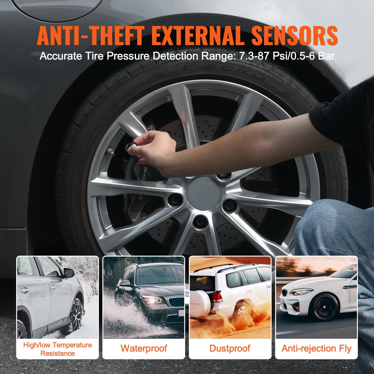 Däcktrycksövervakningssystem för husbil, 7.3-87 PSI släpvagns TPMS, universellt trådlöst billarmsystem, vattentätt TPMS-sensorset med solladdning, 4 sensorer, 5 larmlägen och realtidsvisning