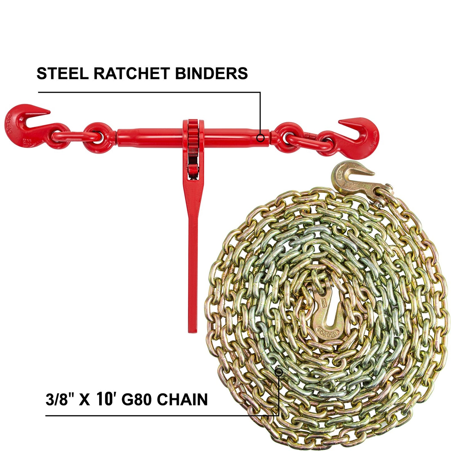 Kedje- och bindemedelssats 3/8in-1/2in, spärrlastbindare 9215lbs arbetsstyrka, spärrbindare och kedjor, 3/8in x 10ft kedjor med G70-krokar, för lastbil, surrning, transport, bogsering
