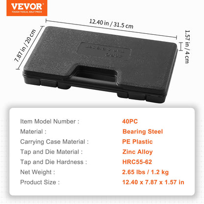 Gängtapps- och gänggängssats, 40 delar inkluderar metrisk storlek M3 till M12, lagerstålsgängtappar och gänggängor, viktigt gängverktyg för skärning av utvändiga invändiga gängor, med kompletta tillbehör och förvaringsväska