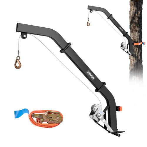 Trädmonterad hjortlyft, 155 kg lastkapacitet, jaktlyft med vinsch och spärrrem, kraftig hjorthängare för flåing, rengöring, upphängning av foder och fältbehandling, svart