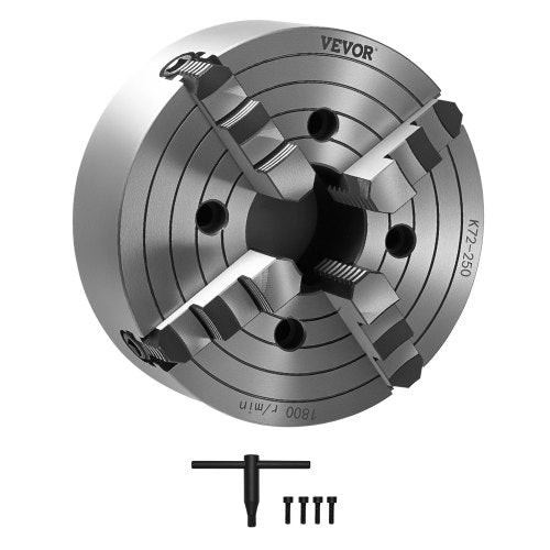 4-käfts svarvchuck, 250 mm (10 tum), svarvchuck, 15–250 mm (0,6–9,84 tum) spännområde med T-nyckelfästskruvar, vändbara käftar, HT300 gjutjärnsmaterial, invändig utvändig för trä- och metallsvarv
