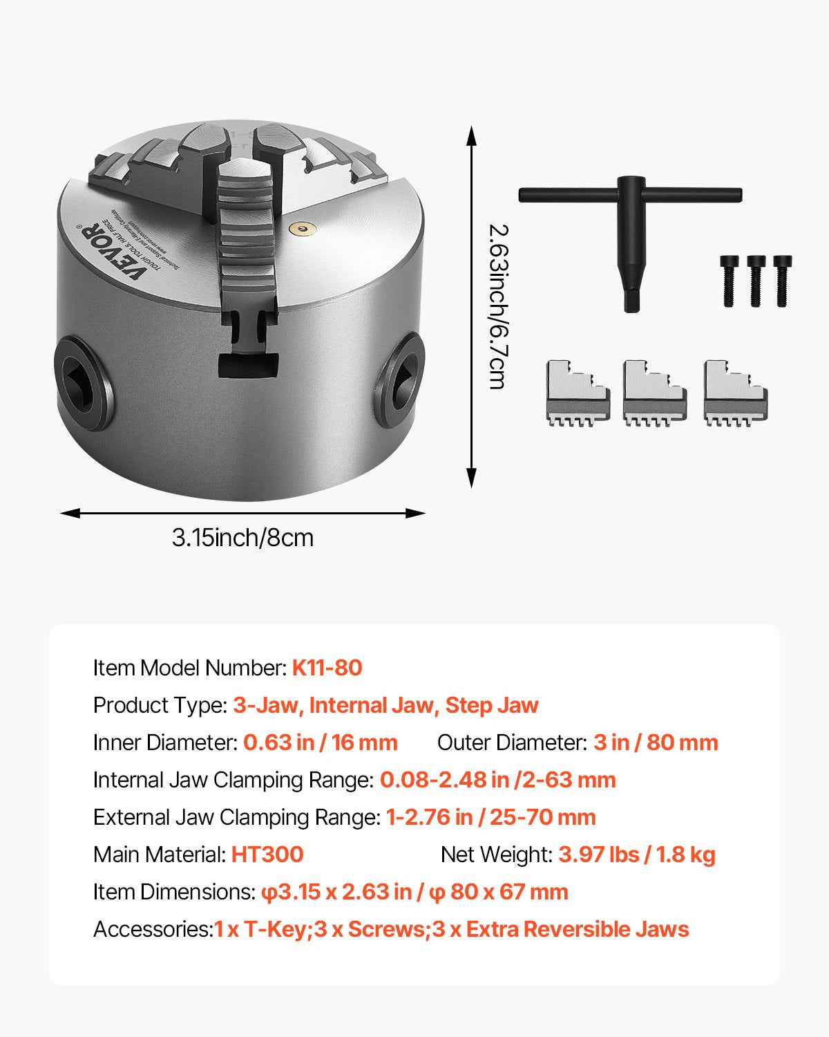 3-käfts svarvchuck, 80 mm (3 tum), självcentrerande chuck, 2–63 mm (0,08–2,48 tum) spännområde med T-nyckelfästskruvar, vändbara käftar, HT300-material, invändig utvändig för trä- och metallsvarv